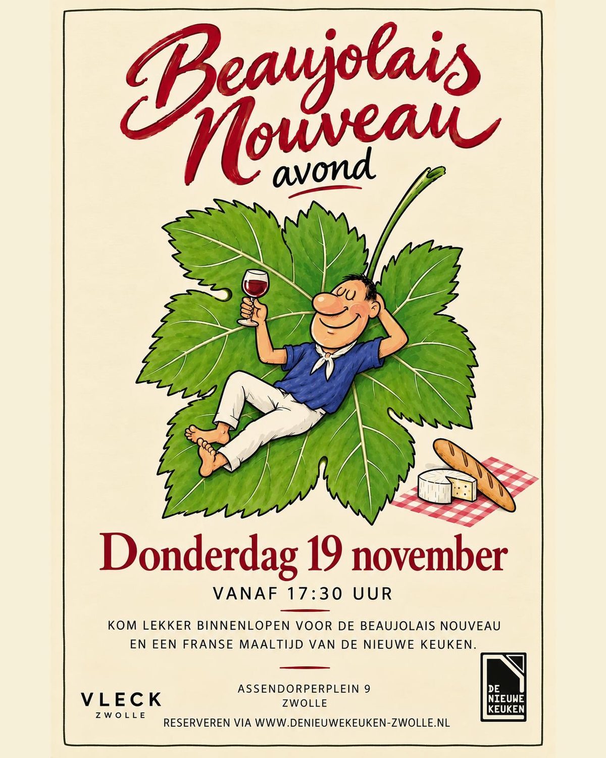Getekende man met een glas rode wijn op een groot wijnblad, naast kaas en stokbrood