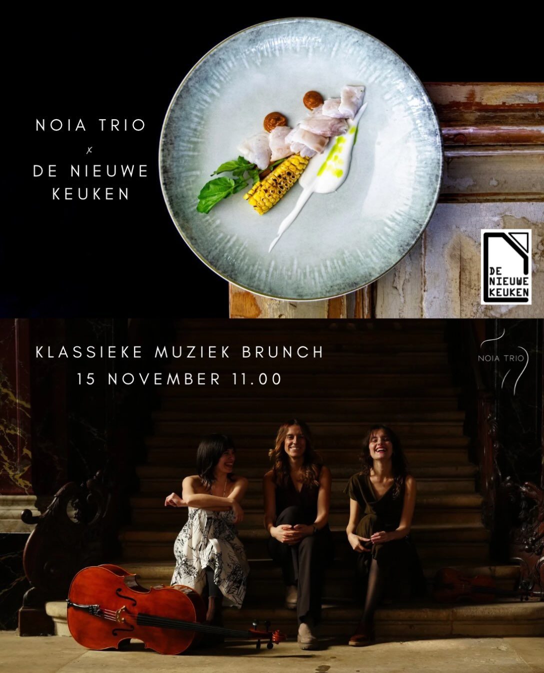 Het Noia Trio: drie musici, zittend op een trap, met hun cello